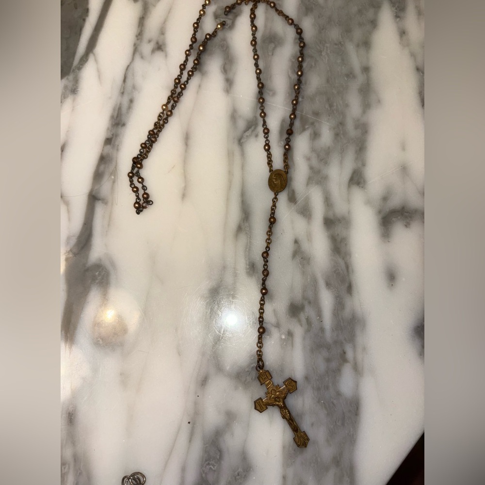 Antique Bronze Color Rosary Necklace